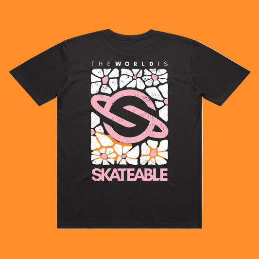 Floral Logo Pink White Tee Dark Grey