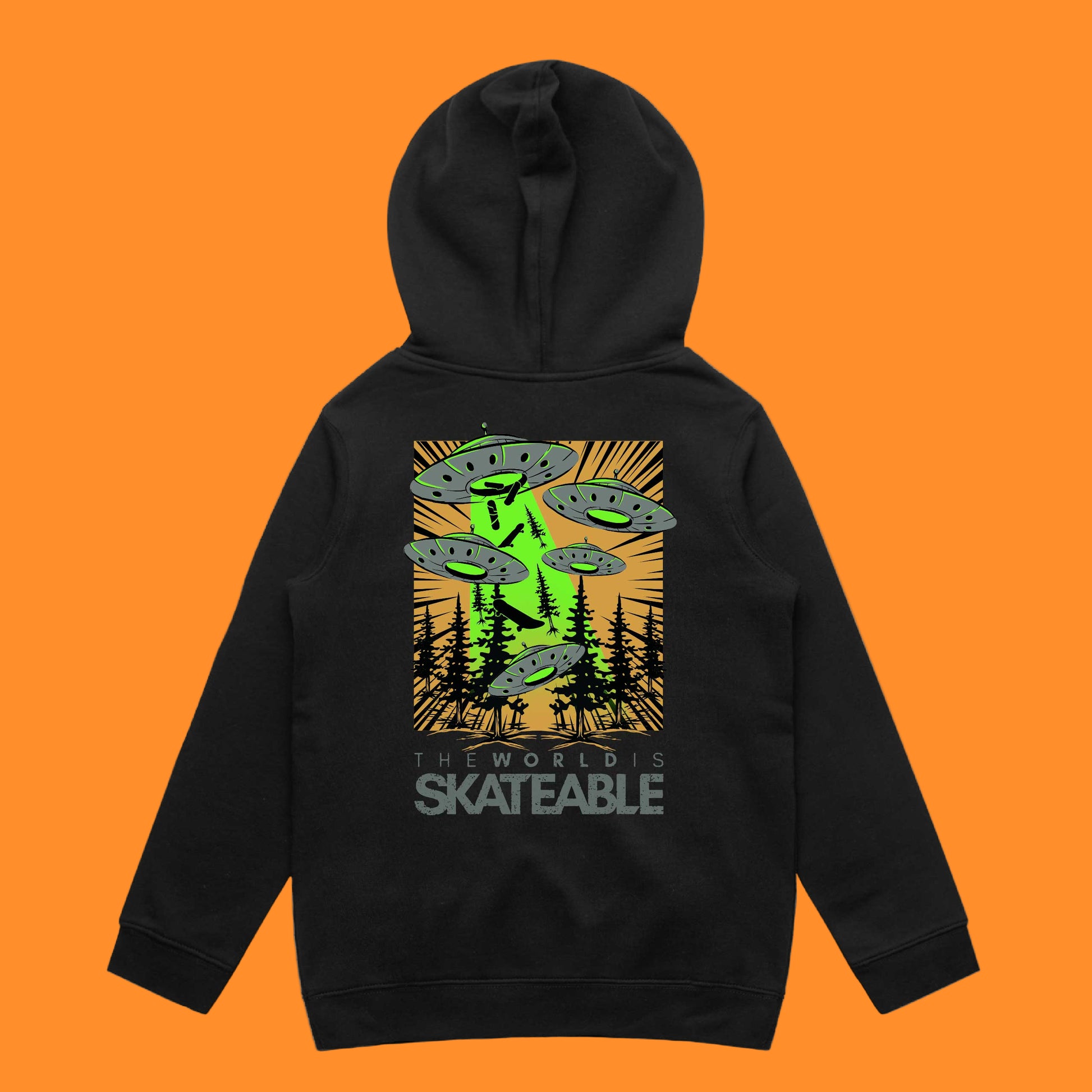 A dark grey hoodie with a graphic print of UFOs on the front, titled 'THE WORLD SKATEABLE'.