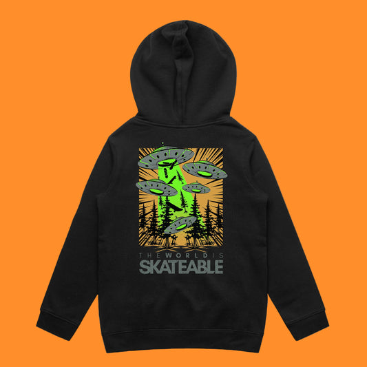 A dark grey hoodie with a graphic print of UFOs on the front, titled 'THE WORLD SKATEABLE'.