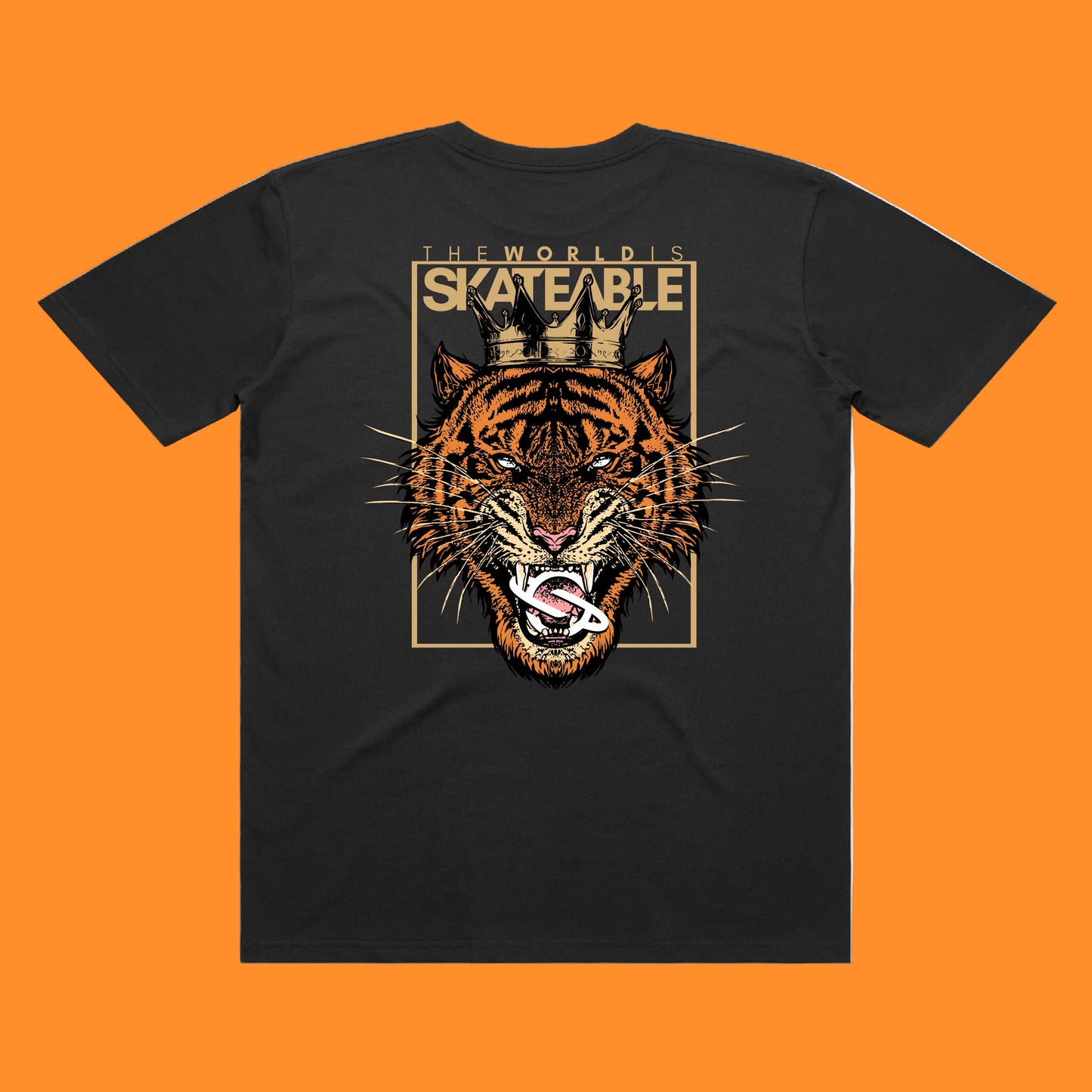 A black t-shirt with a graphic of a tiger on the front, and the text 'SKATEABLE' above it. The t-shirt is displayed on a white background.