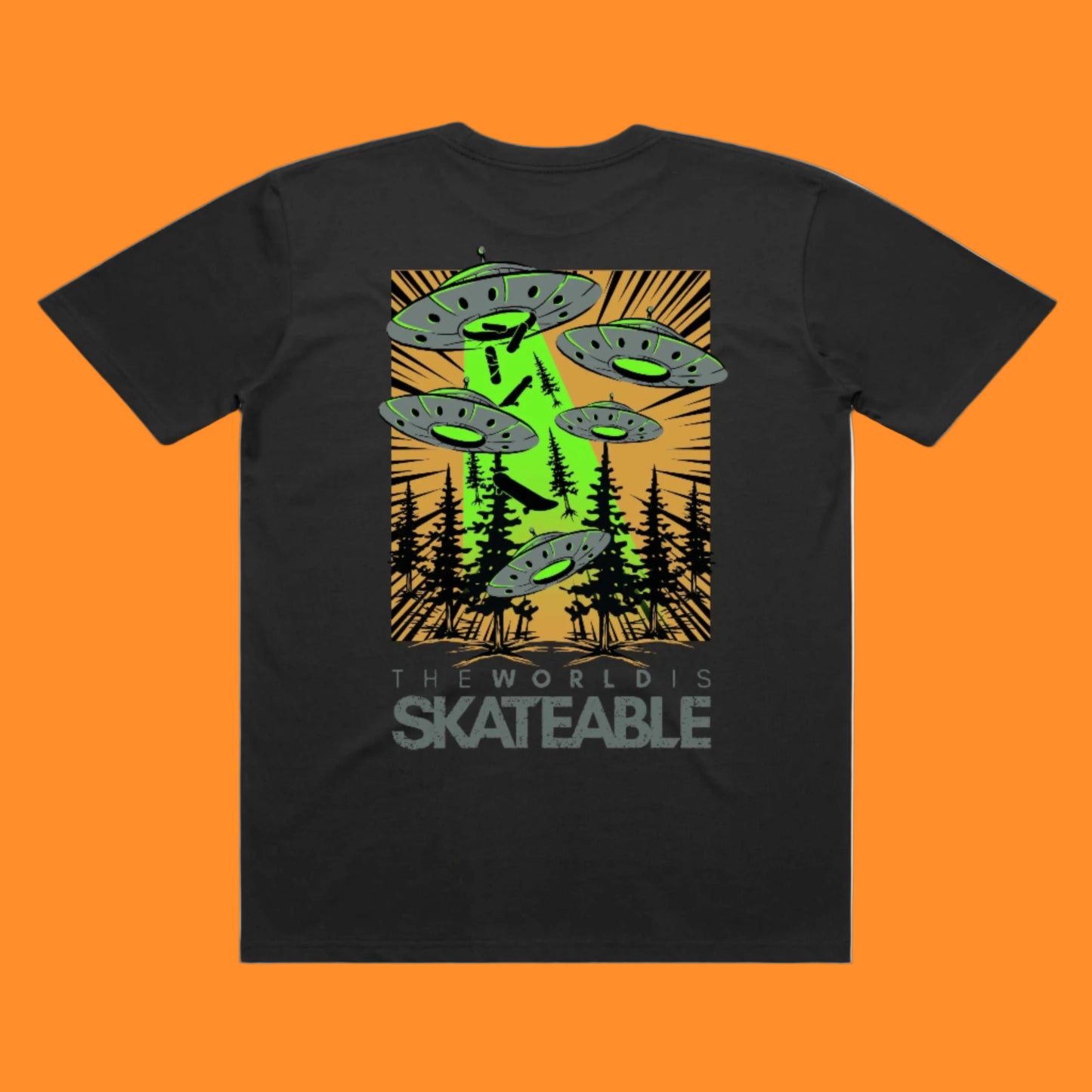 A dark grey t-shirt with an orange graphic print of multiple flying saucers and the text 'THE WORLD IS SKATEABLE'.
