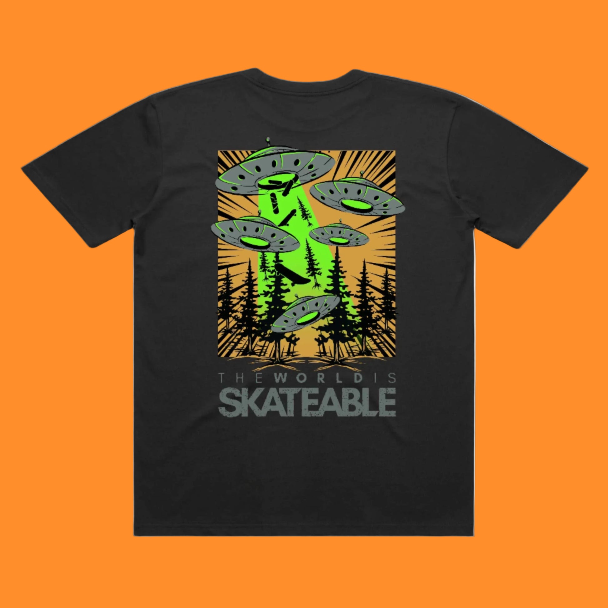 A dark grey t-shirt with an orange graphic print of multiple flying saucers and the text 'THE WORLD IS SKATEABLE'.
