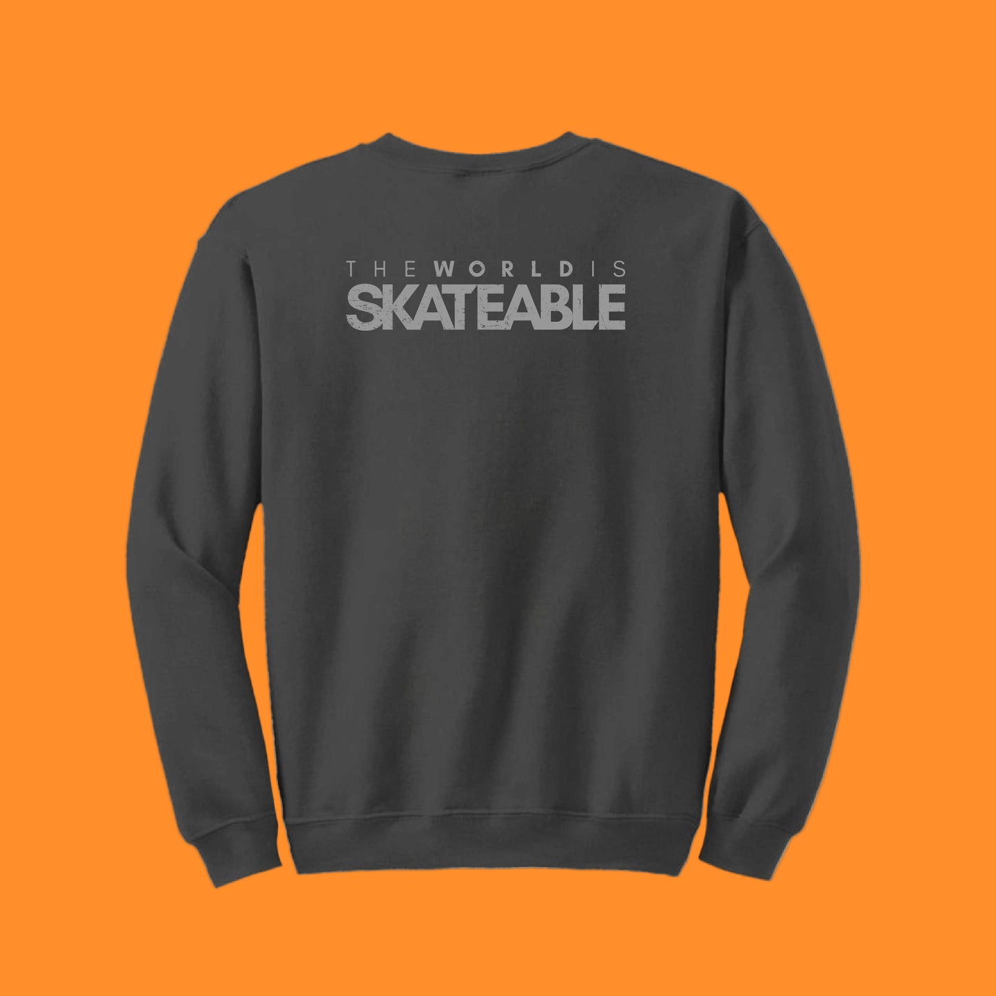 A gray crew-neck sweatshirt with 'THE WORLD'S SKATEABLE' text on the front.
