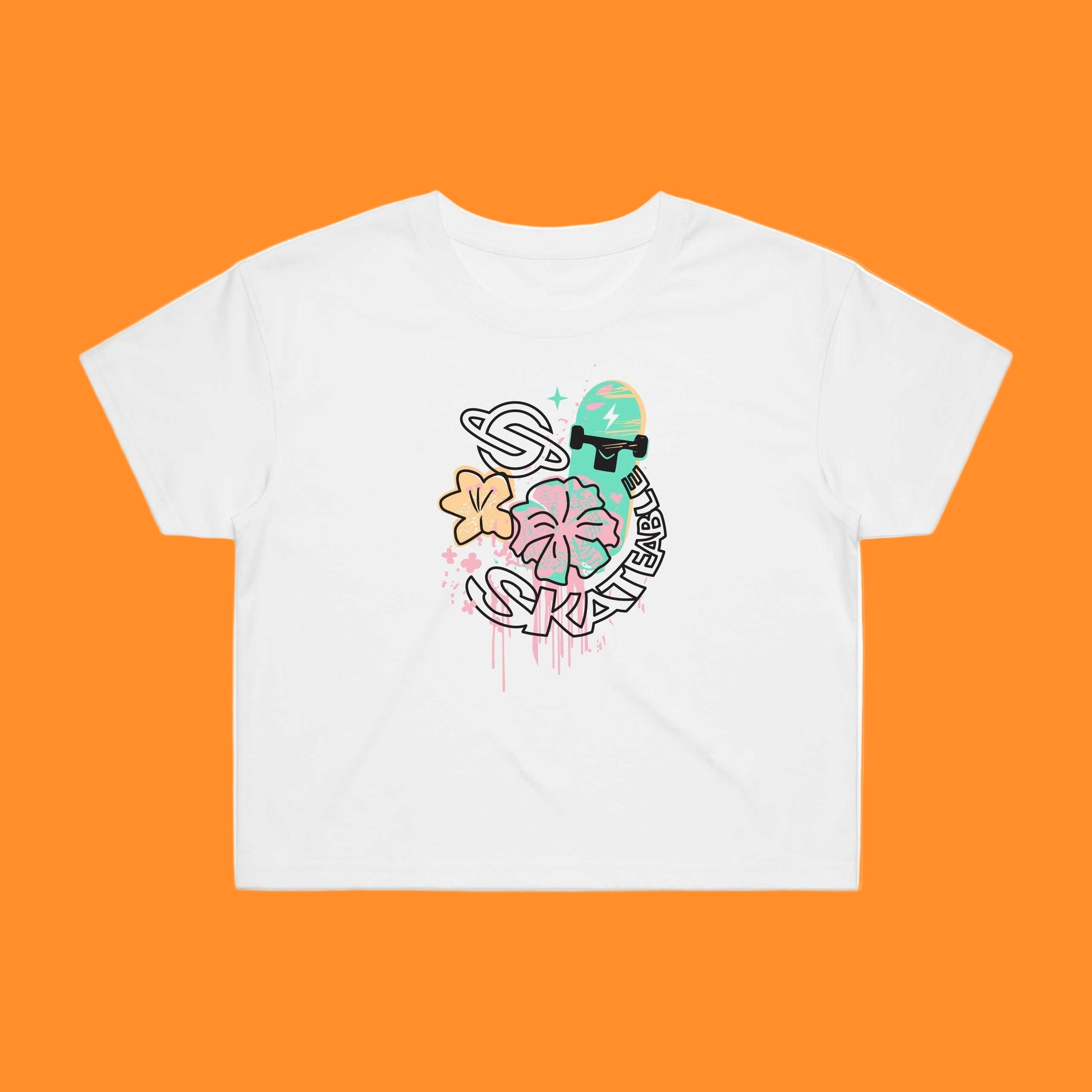 A white crop top featuring a graphic print with a character, flowers, and text on the front.