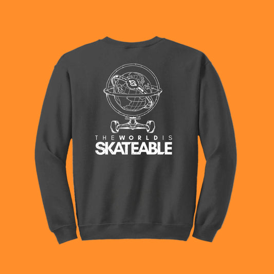 A gray crew-neck sweatshirt with a graphic of a globe and the text 'THE WORLDS SKATEABLE' on the front.