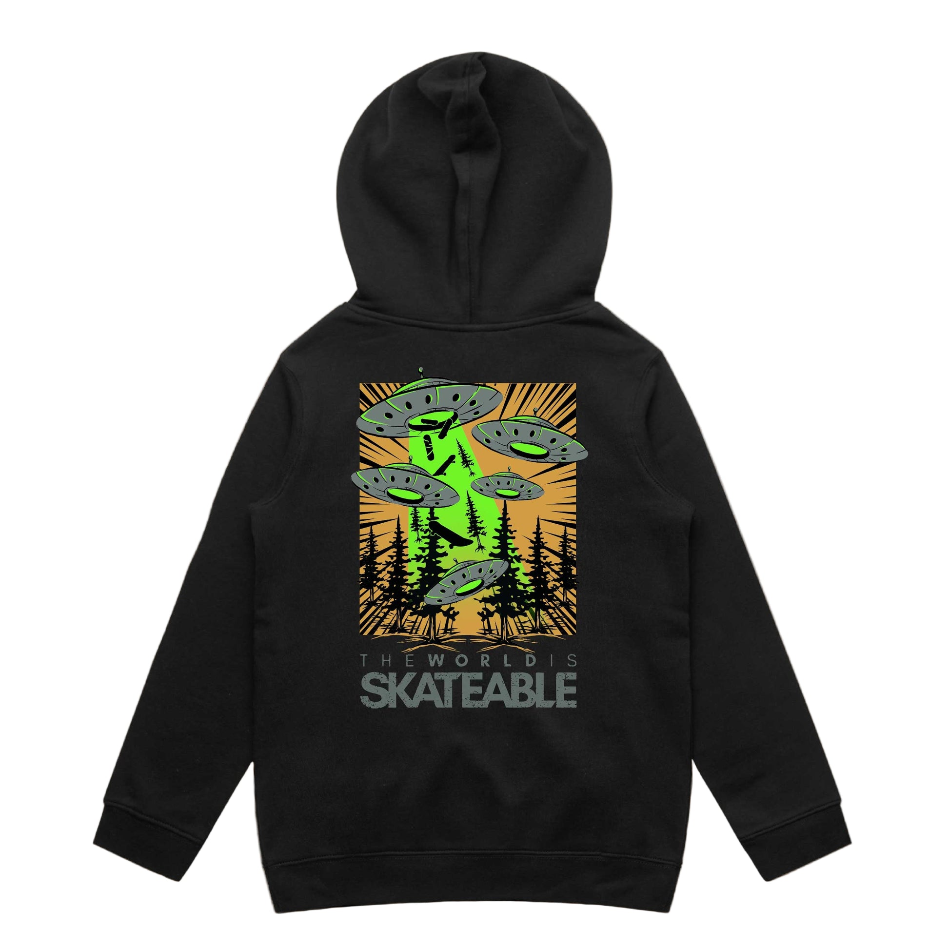 A dark grey hoodie with a graphic print of UFOs on the front, titled 'THE WORLD SKATEABLE'.