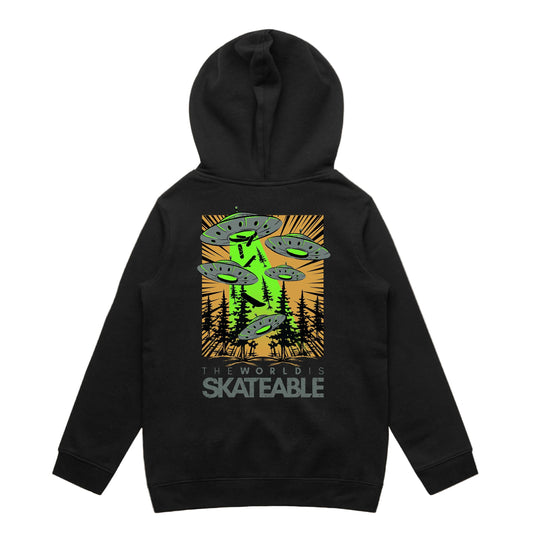 A dark grey hoodie with a graphic print of UFOs on the front, titled 'THE WORLD SKATEABLE'.