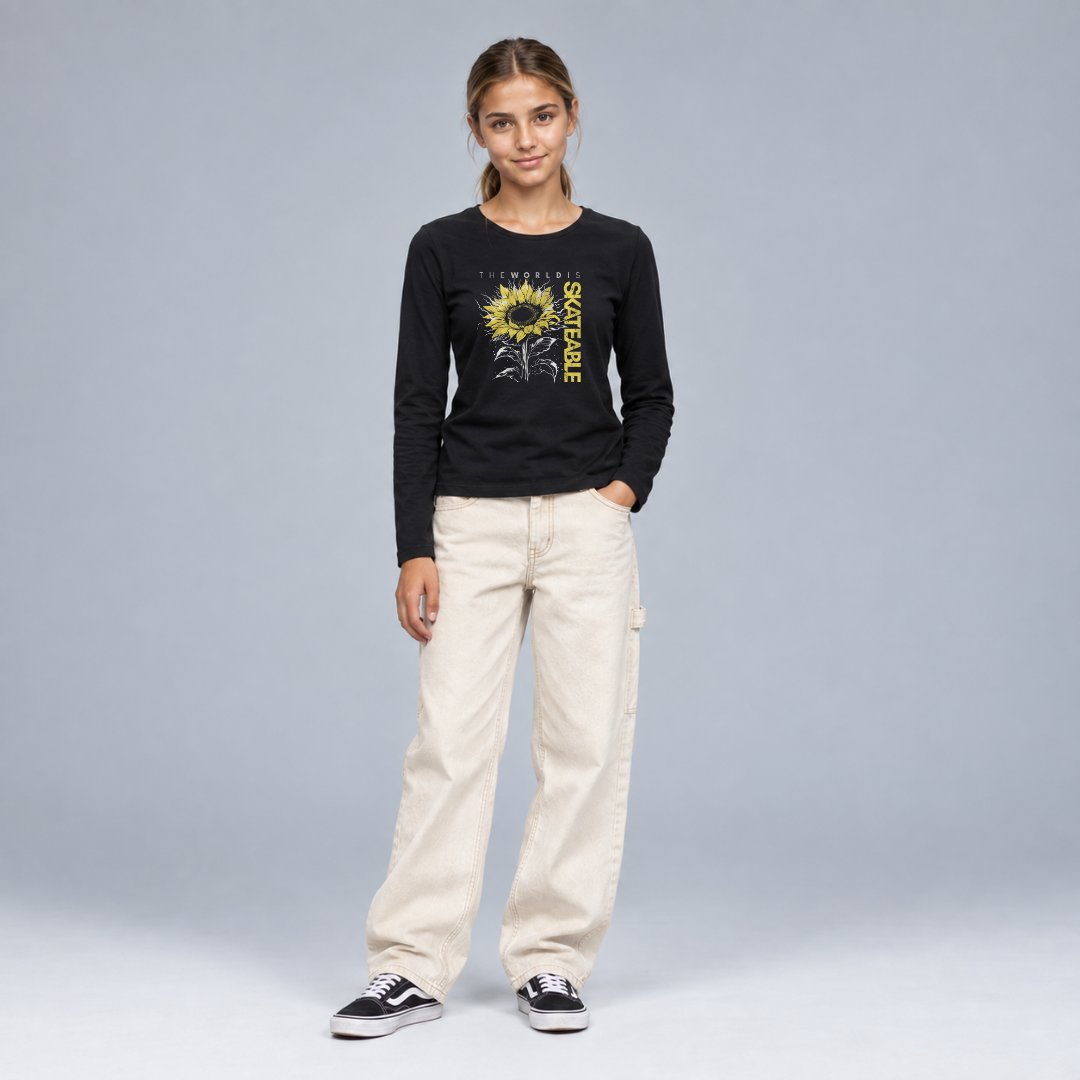 Girl's Long Sleeve Cotton Stretch Sunflower Tee